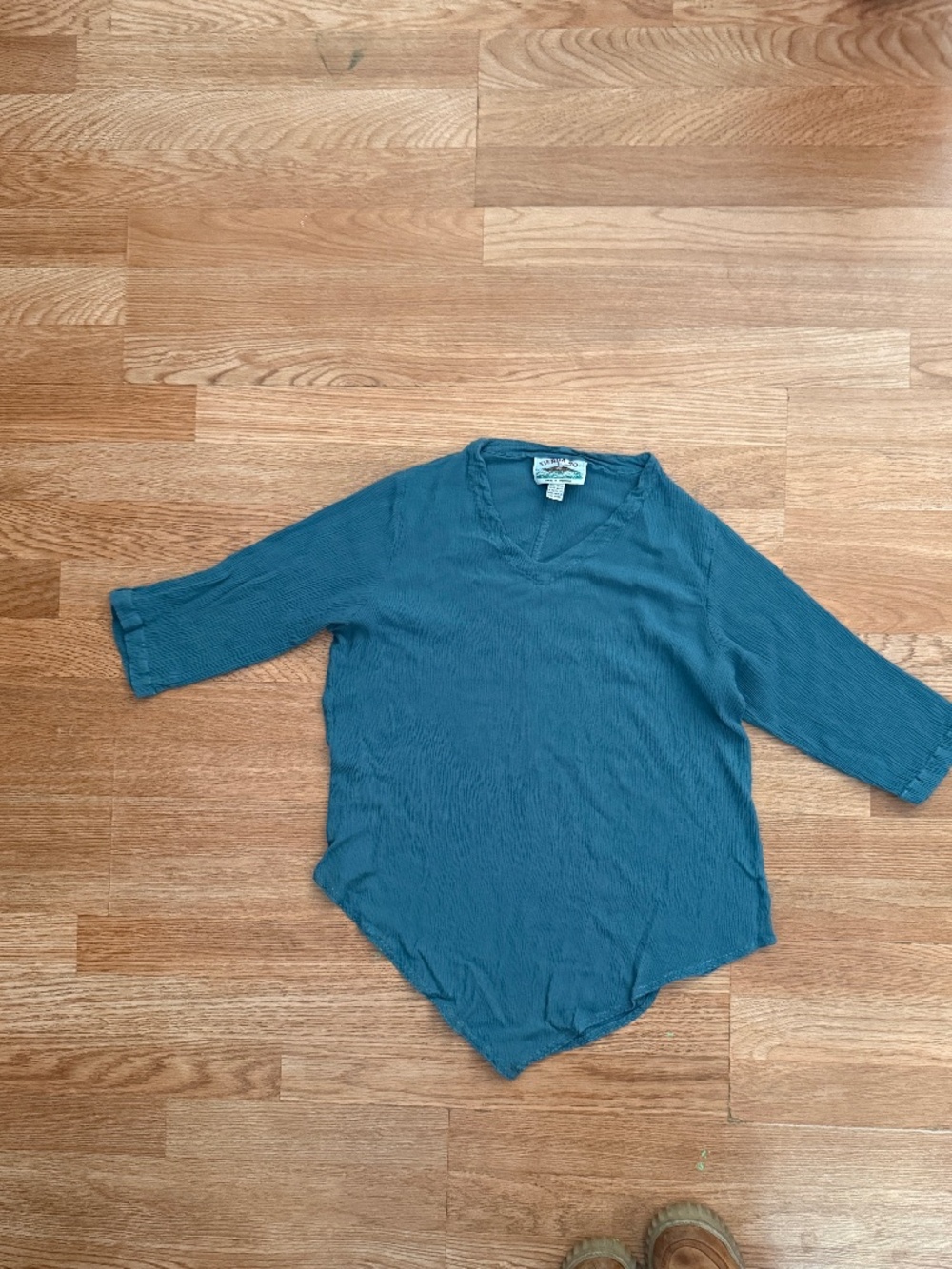 Tienda Ho Slate Blue Crinkle Rayon V-Neck Popover Top Boho OS